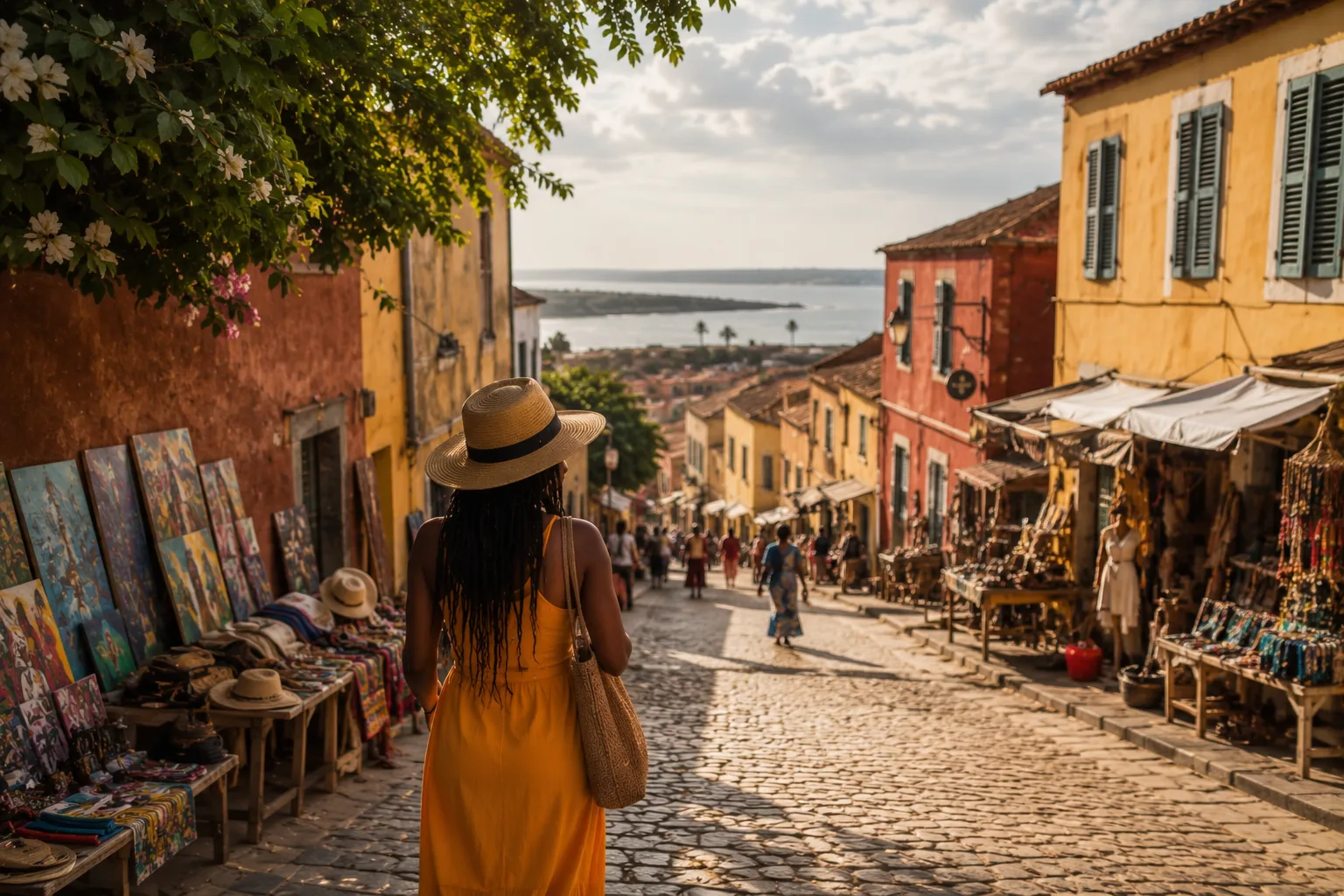Traveler walking through a vibrant coastal market lined with colorful buildings and local artisan stalls overlooking the sea.