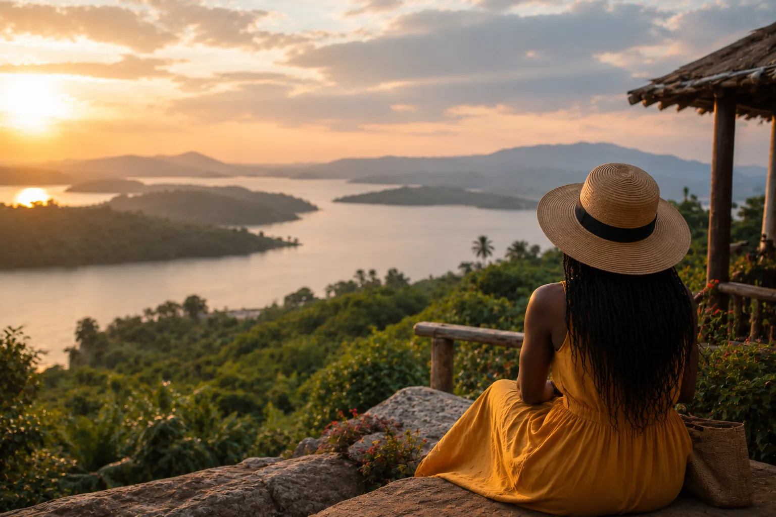 Woman admiring a panoramic view of tropical islands, lush forests, and calm waters at sunset from a scenic hillside viewpoint.