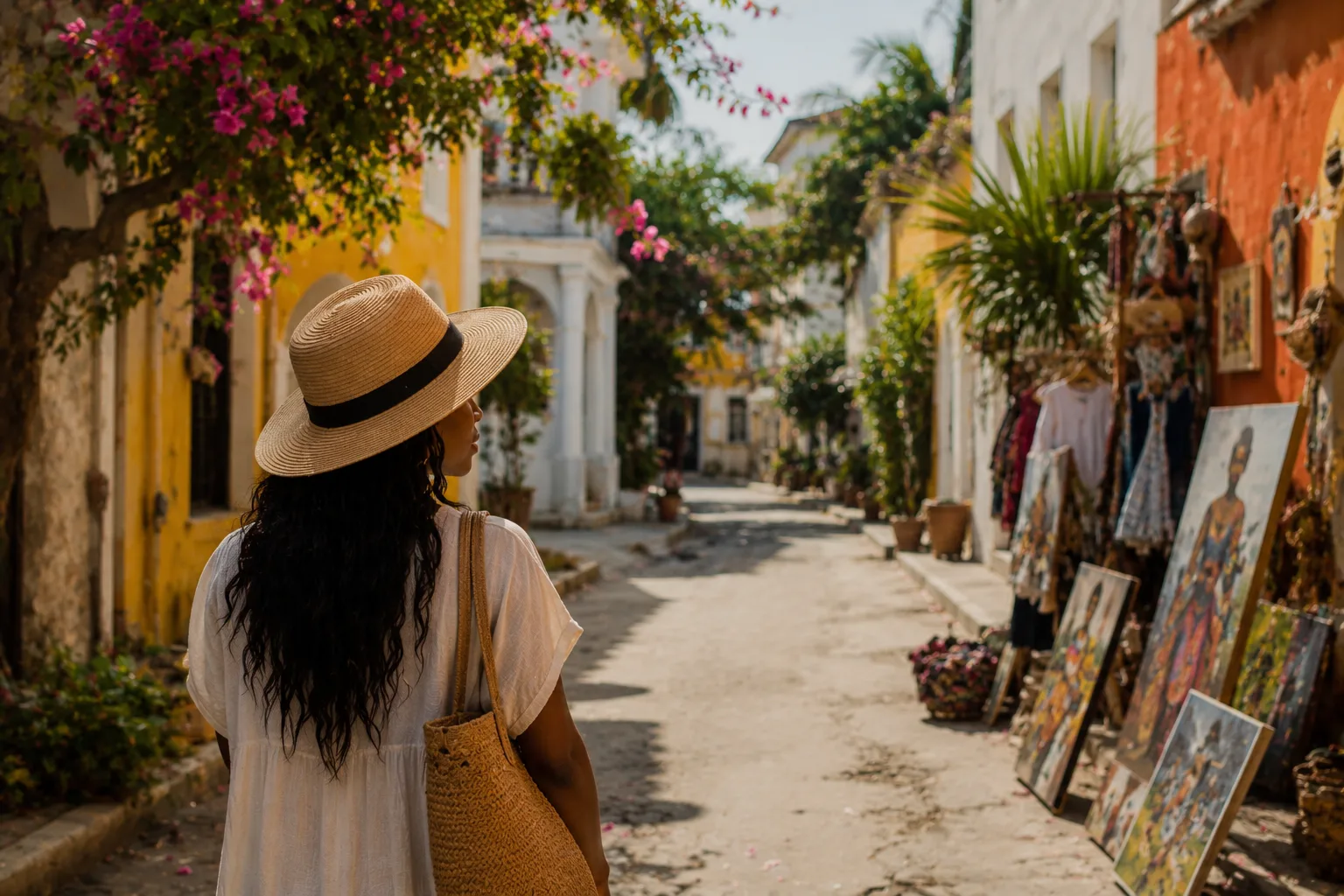 Traveler exploring a charming coastal village with colorful architecture, local artwork, and flower-lined streets in a tropical destination.