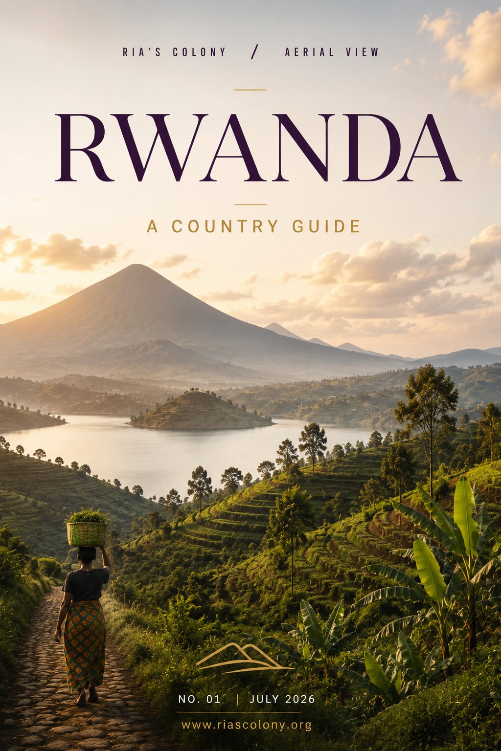 Rwanda country guide cover by Ria's Colony showing a woman carrying a basket on a path above Lake Kivu's terraced hills and volcanoes at sunrise, with the title "Rwanda: A Country Guide."
