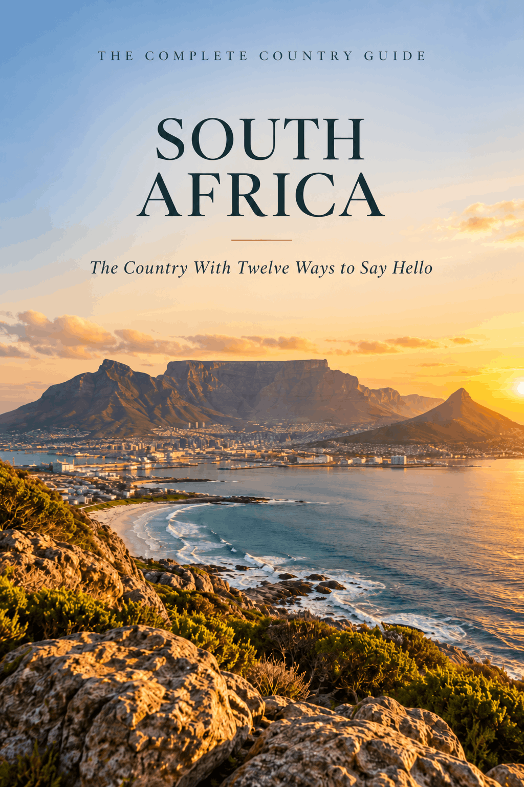 South Africa country guide cover featuring Table Mountain, Cape Town’s coastline and ocean at golden hour, with the title South Africa and the subtitle The Country With Twelve Ways to Say Hello.