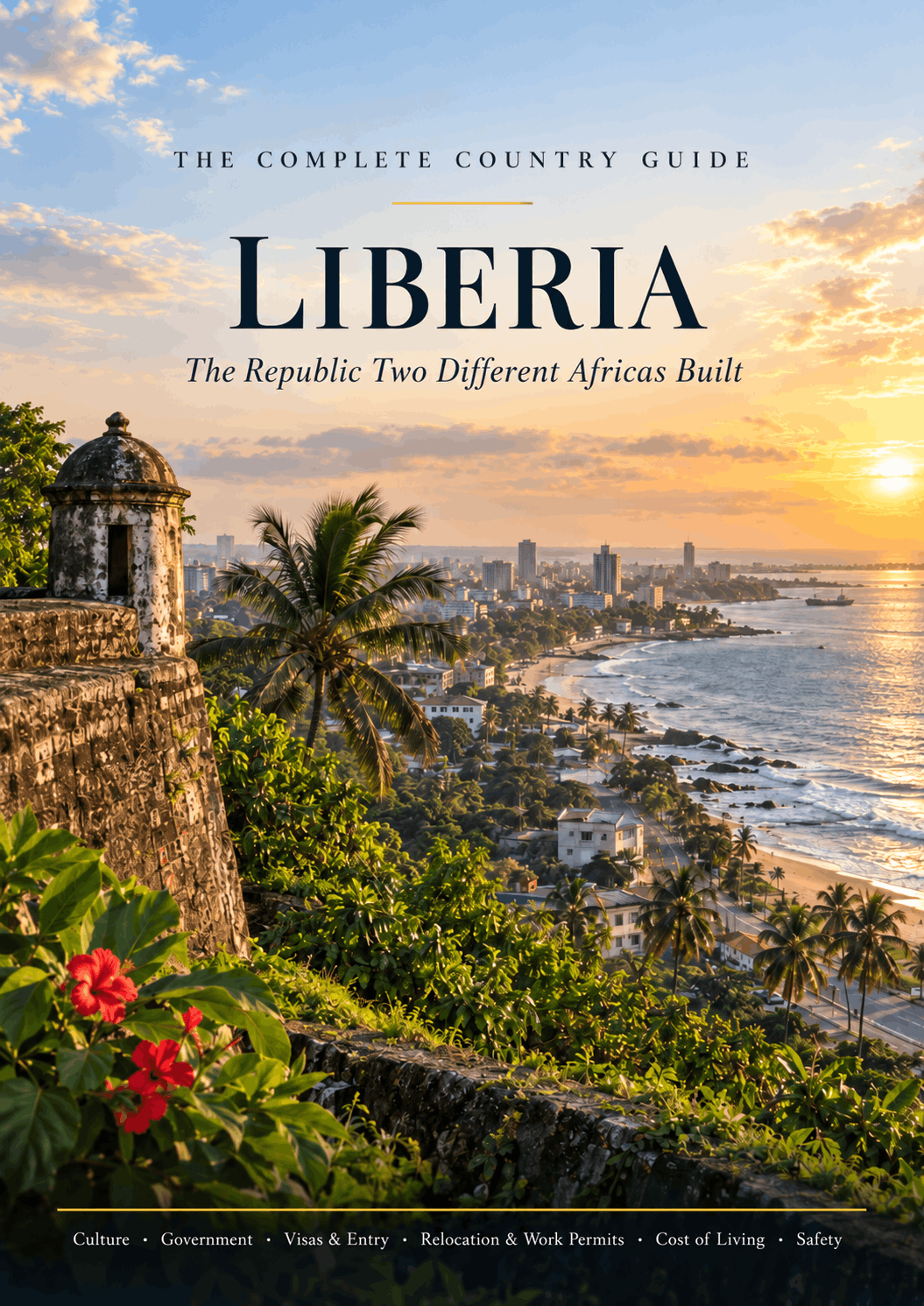 Book cover for Ria’s Colony’s Liberia country guide, featuring a golden-hour coastal view with palm trees, historic stone architecture, ocean waves and Monrovia in the distance, with the title “Liberia: The Republic Two Different Africas Built.”