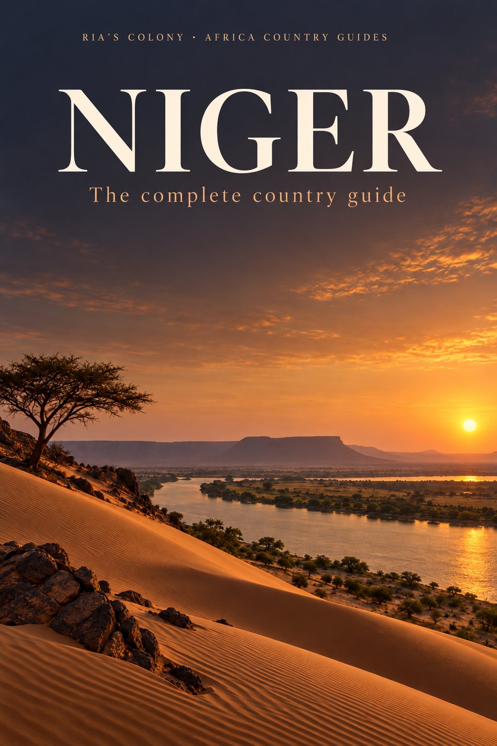 Book cover for the Niger Country Guide featuring golden desert dunes, an acacia tree, the Niger River and distant plateaus at sunset, with “NIGER” in large contrasting serif text.