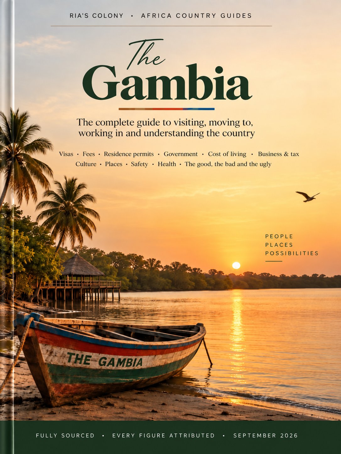 Book cover for The Gambia country guide featuring a wooden boat on the river at sunset, palm trees, a riverside hut and warm golden scenery.