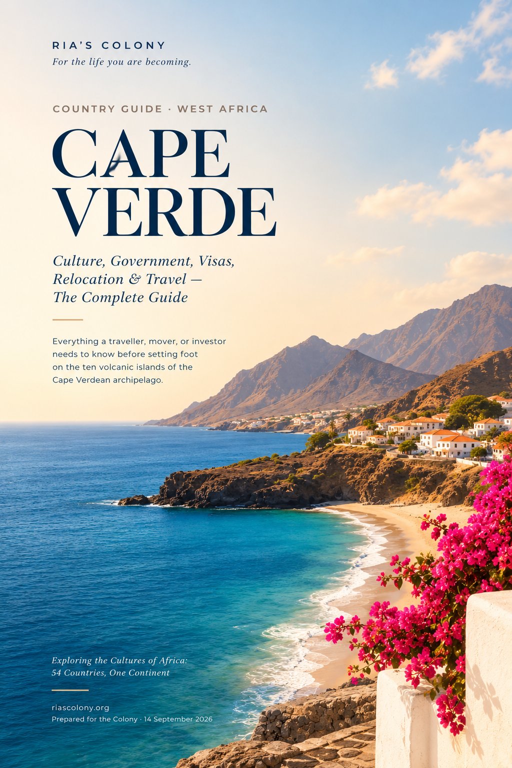 Cape Verdean coastal landscape with turquoise Atlantic waters, a sandy beach, volcanic mountains, and a hillside village, framed by bright pink bougainvillea and a whitewashed terrace. The cover includes the title “Cape Verde” and country guide details.