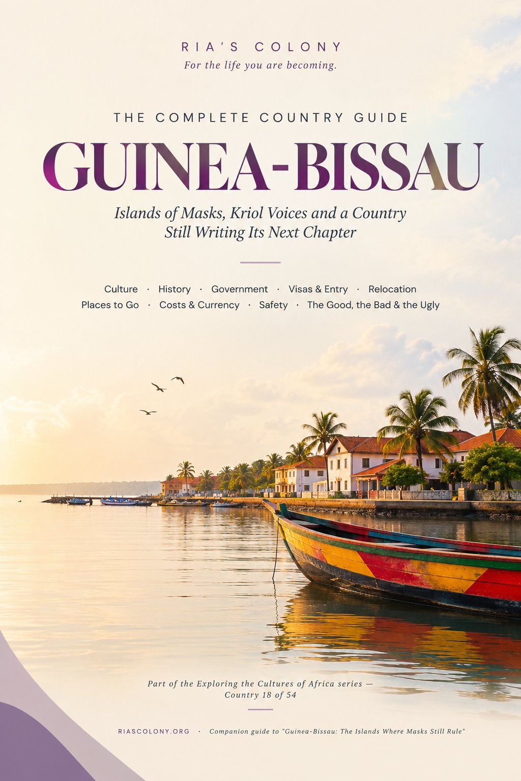 Guinea-Bissau country guide cover featuring a tropical coastal scene with palm trees, colorful boats and waterfront buildings, with the title “GUINEA-BISSAU” prominently displayed.