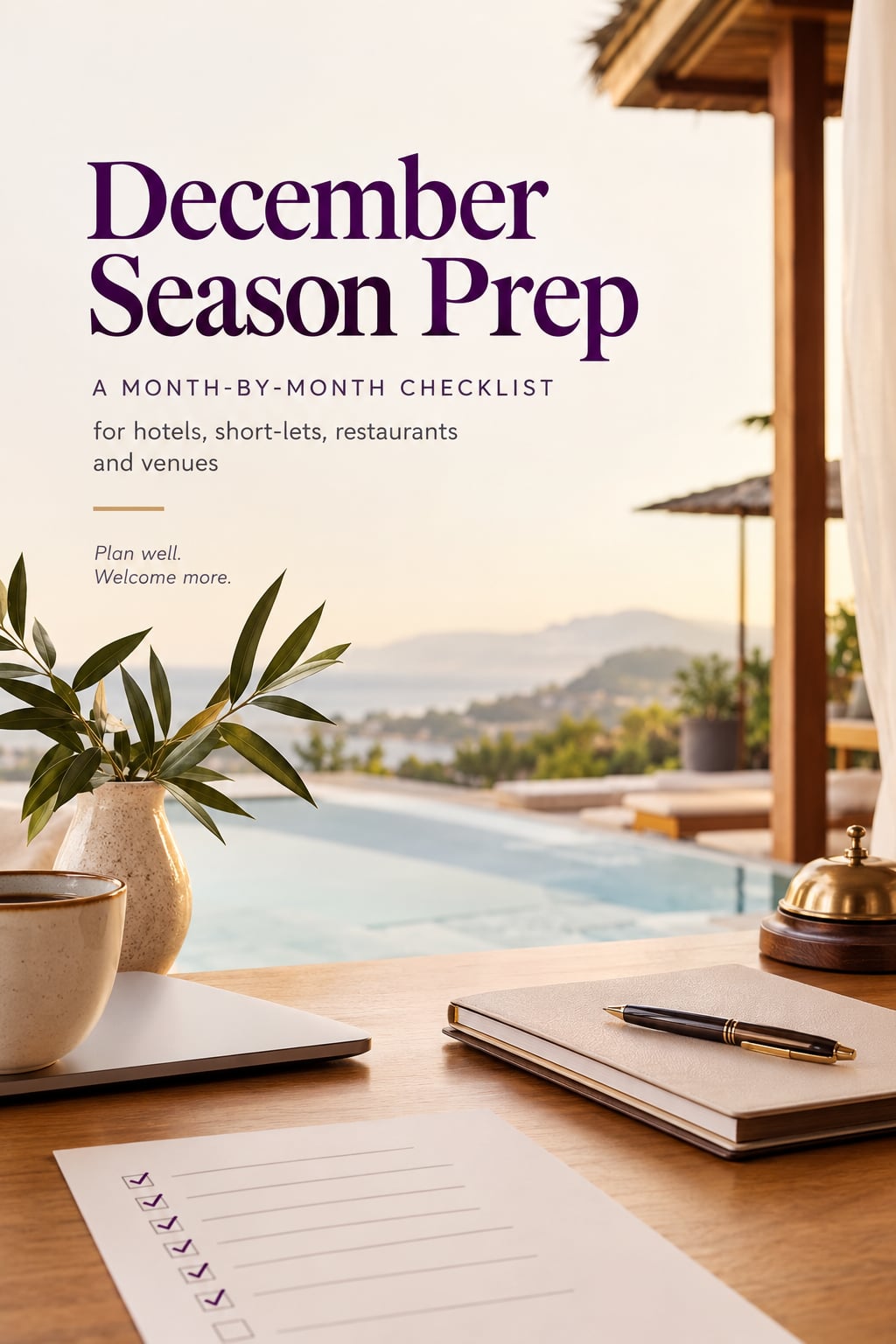 Cover of the December Season Prep checklist, showing a hotel desk with a notebook, pen, checklist and service bell beside a pool at sunset.