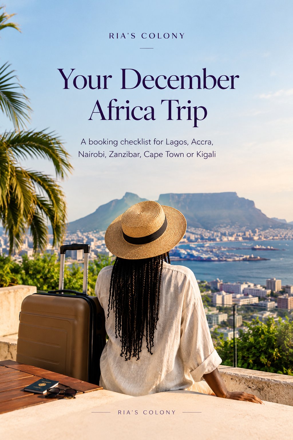 Travel guide cover showing a woman with luggage overlooking a sunny African coastal city, with palm trees, mountains and ocean, titled “Your December Africa Trip.”